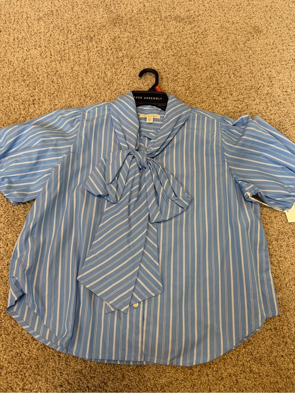 Blue Striped Tie-Neck Blouse with Short Sleeves